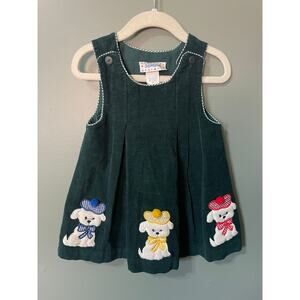 Vintage Samara Dark Green Corduroy Sleeveless Jumper Dress with Puppies. Sz 2T.
